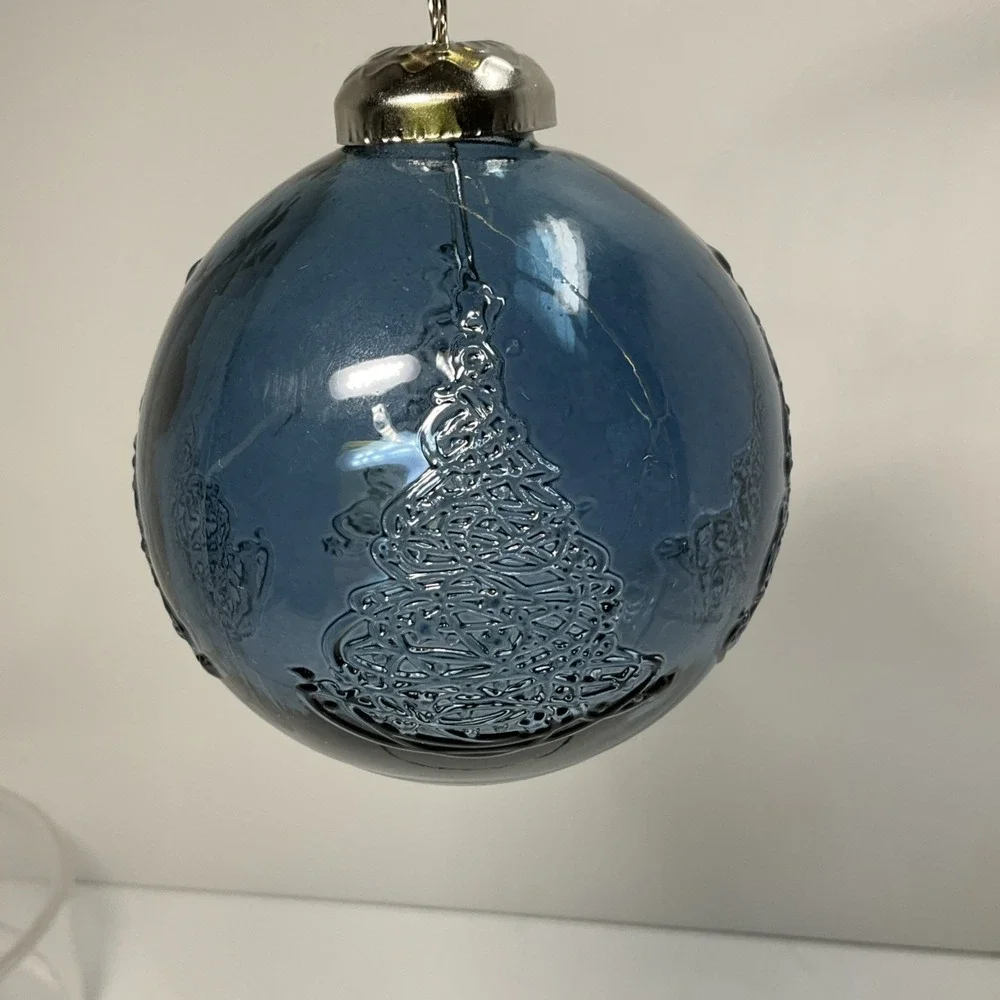 Vintage Heavy blue glass Christmas ball ornament‎ with raised tree design 3 in